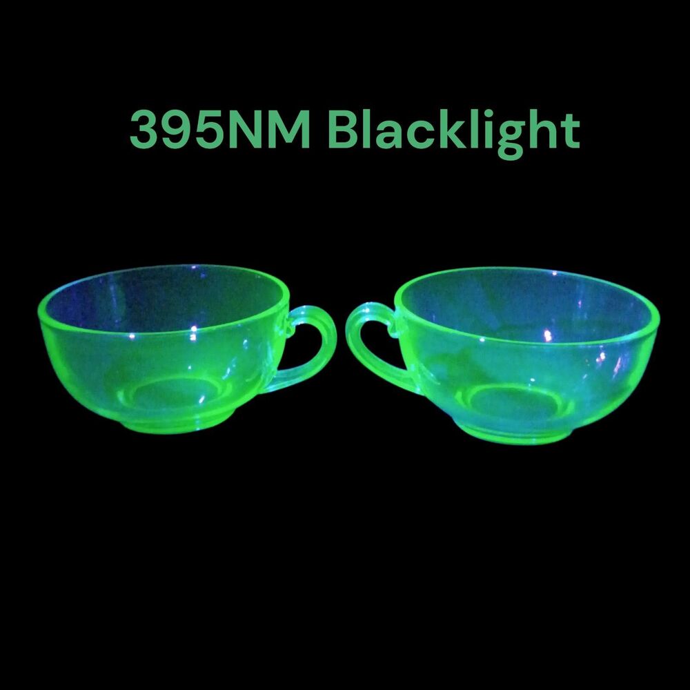 Pair Of 2 Fostoria Green Uranium Glass Teacup Water/Coffee Cups Vintage 1930s - Picture 3 of 9